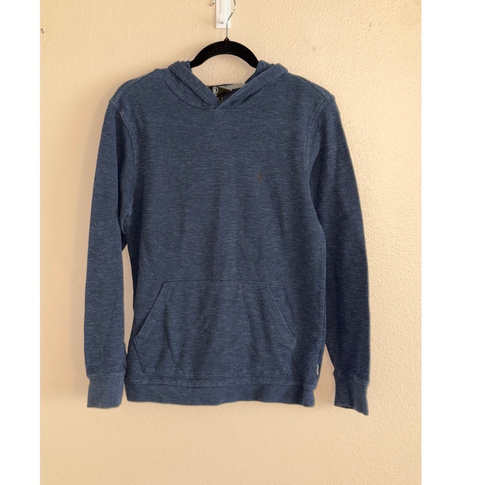 Volcom Mens Blue Slub Knit Pullover Hoodie Stone Logo Small